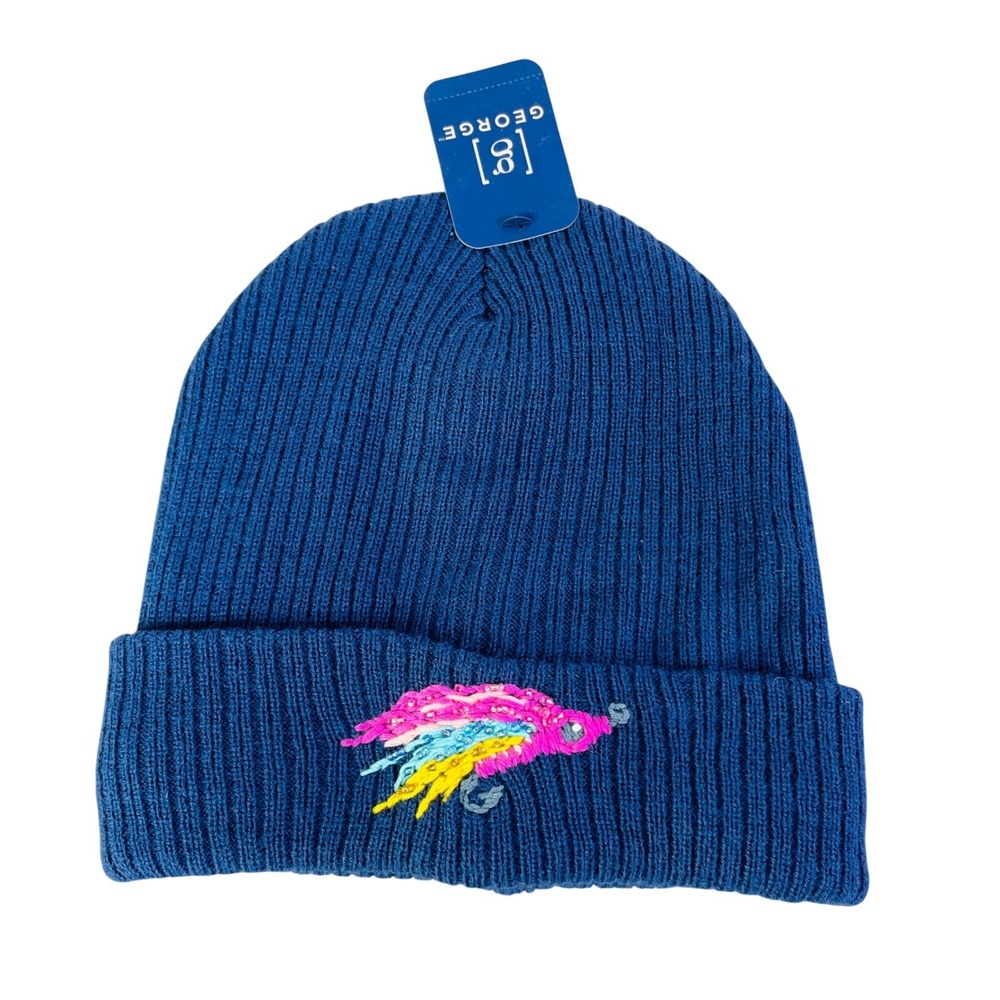 George Beanie Women's OS Blue New Gorpcore Fishing‎ Fly Embroidered Fleece Lined